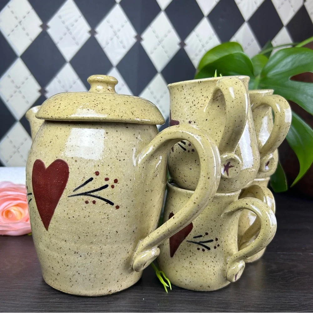 Studio Pottery Tea Set Stoneware Teapot and Four Mugs Heart Star Motif Primitive